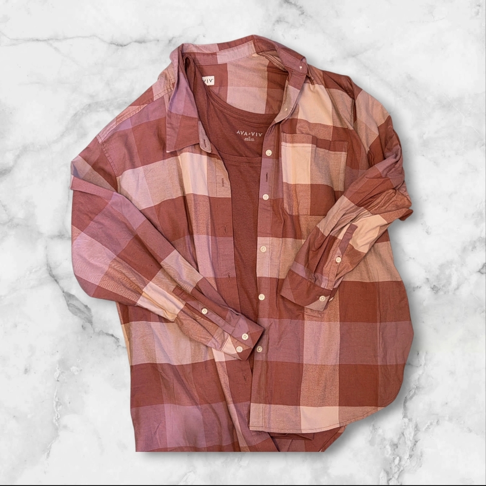 Ava & Viv Casual Plaid mauve 1x lightweight flannel & matching tank